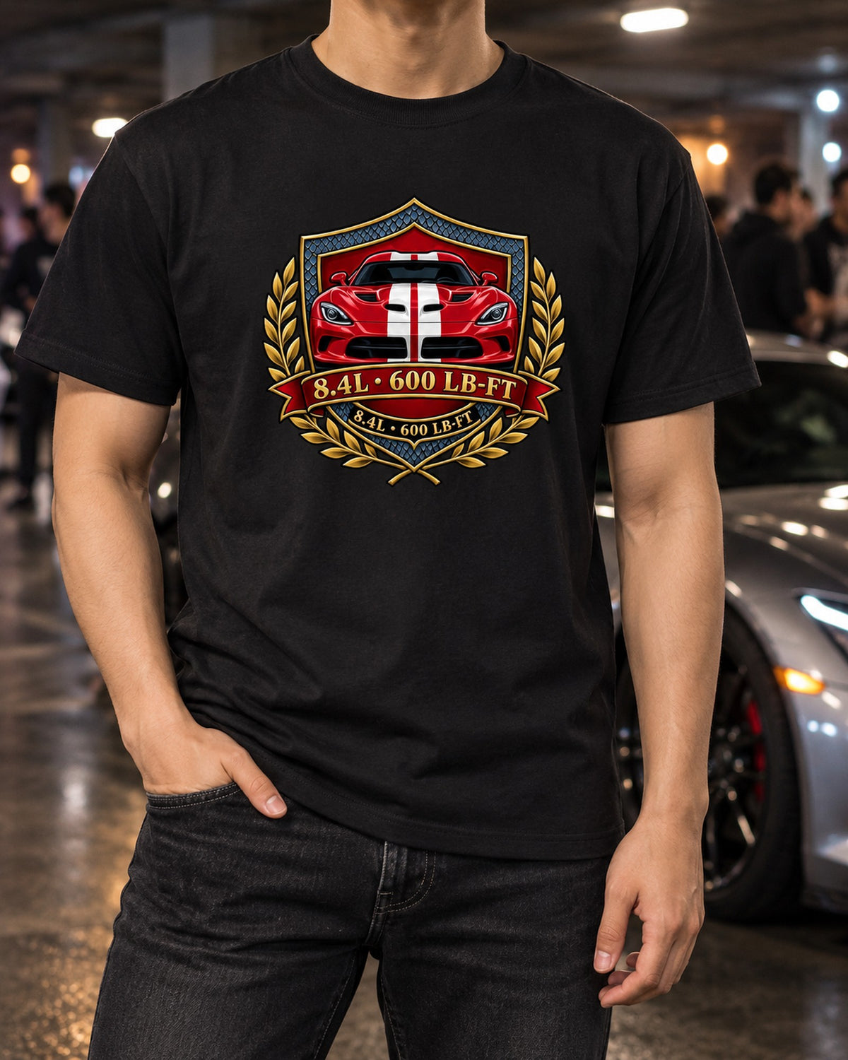 Dodge Viper VX I Shield Crest Shirt, 8.4L 600 LB-FT T-Shirt Black worn hero
