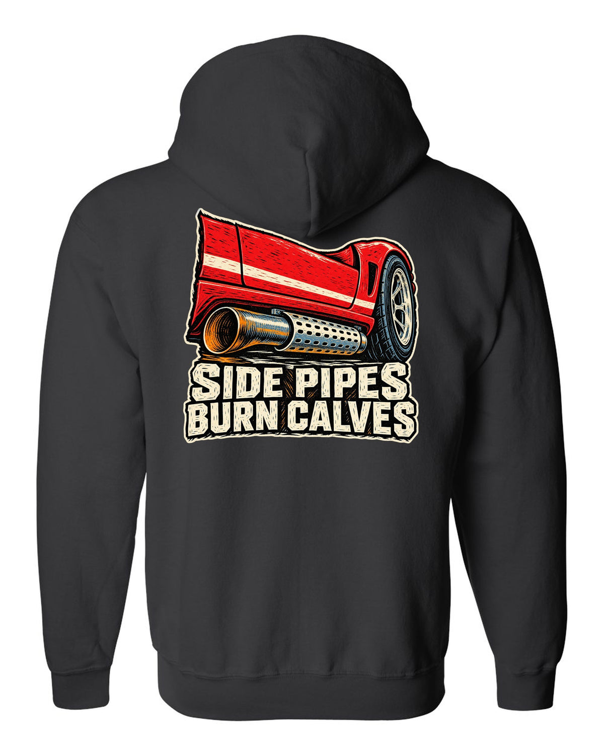 Dodge Viper RT/10 Side Pipe Linocut black zip hoodie back view with the design