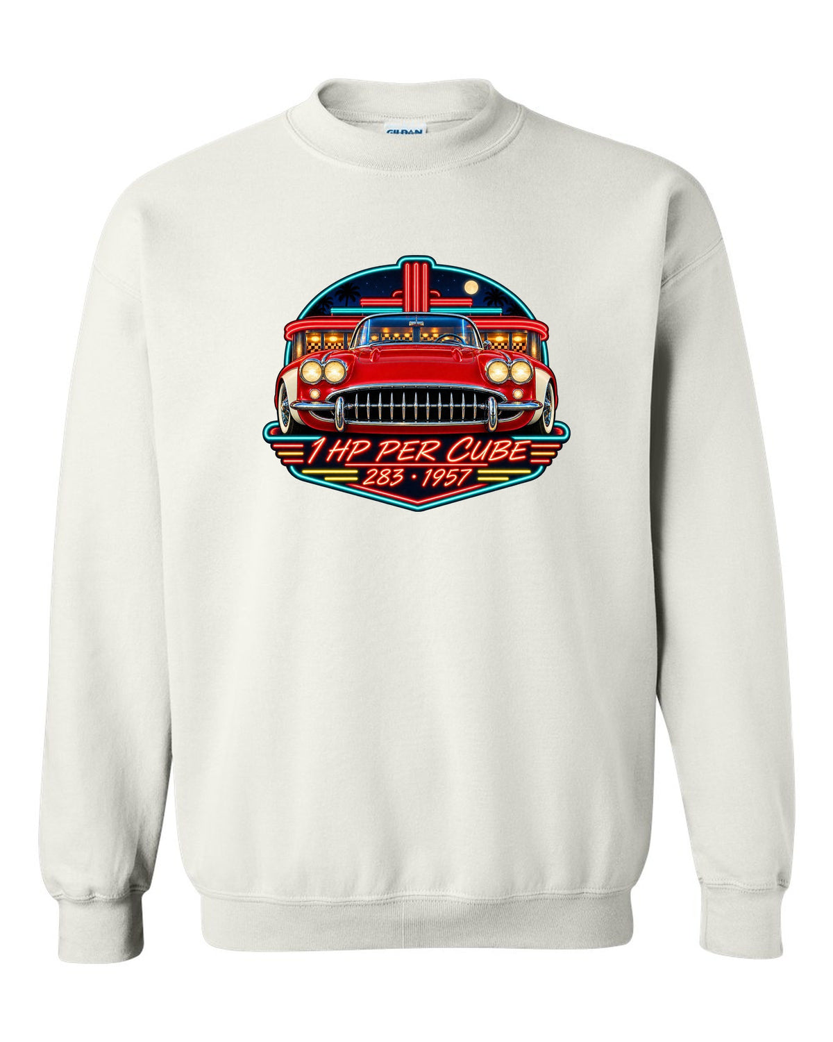Vintage neon diner sign print of a 1957 Chevrolet Corvette C1 with 1 HP Per Cube 283 lettering white crewneck front view with the design