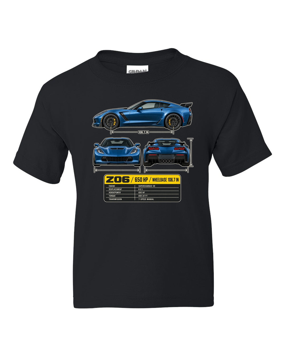 print of a Chevrolet Corvette C7 Z06 three-view drawing with a spec table black kids tee front view with the design