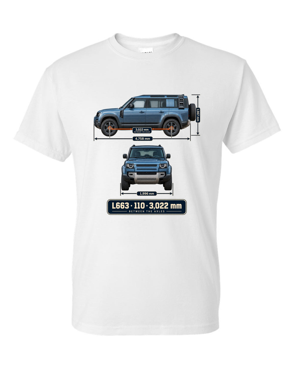 Dimension blueprint print of the Land Rover Defender 110 L663 with wheelbase white t-shirt front view with the design