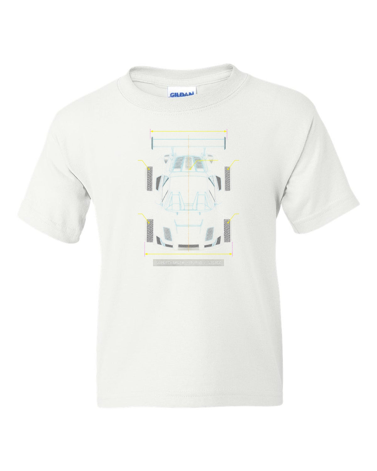 Overhead blueprint line drawing of a Lancia Delta S4 with supercharger and turbo caption white kids tee front view with the design