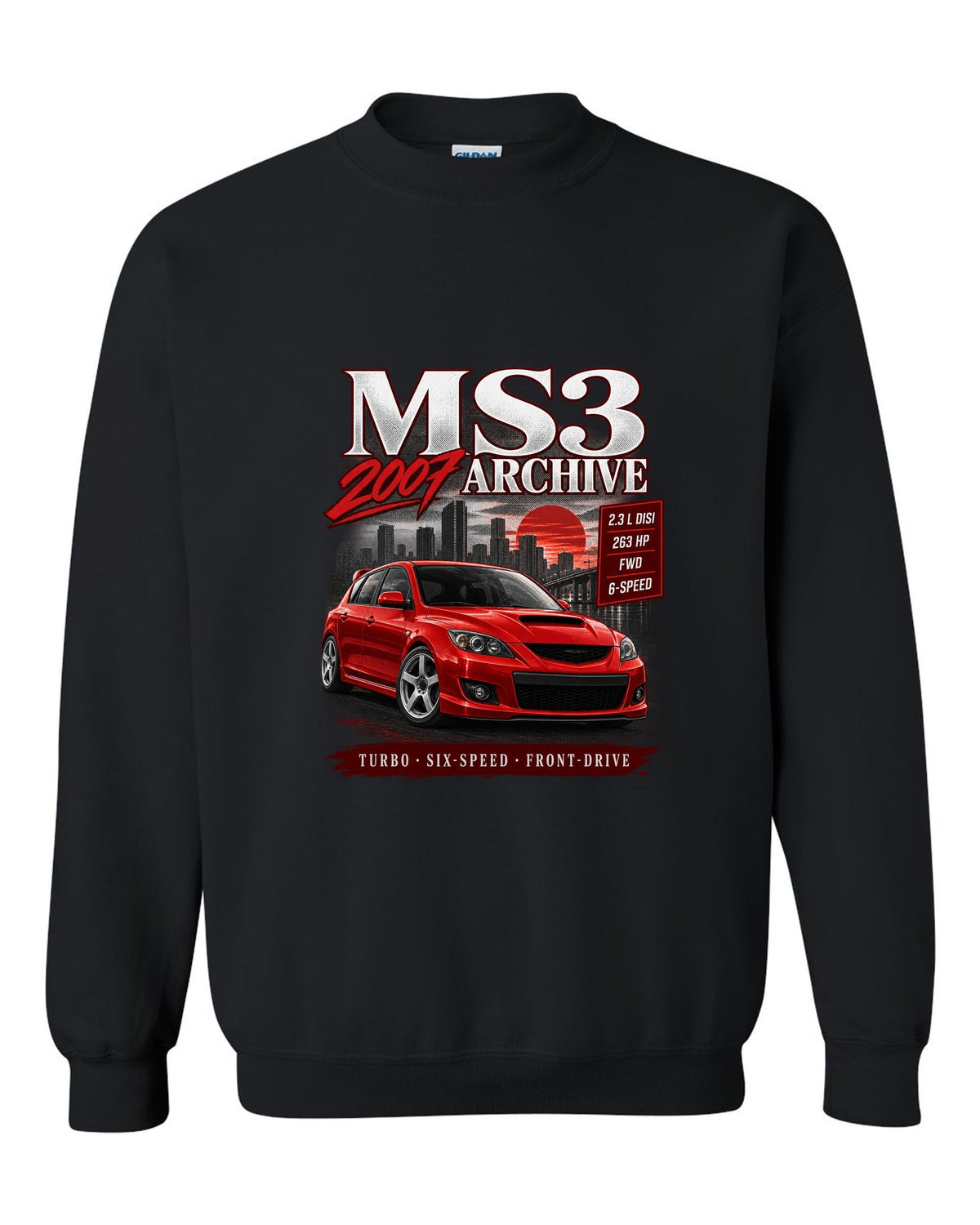 Mazdaspeed3 front three-quarter archive panel with MS3 Archive 2007 heading black crewneck front view with the design