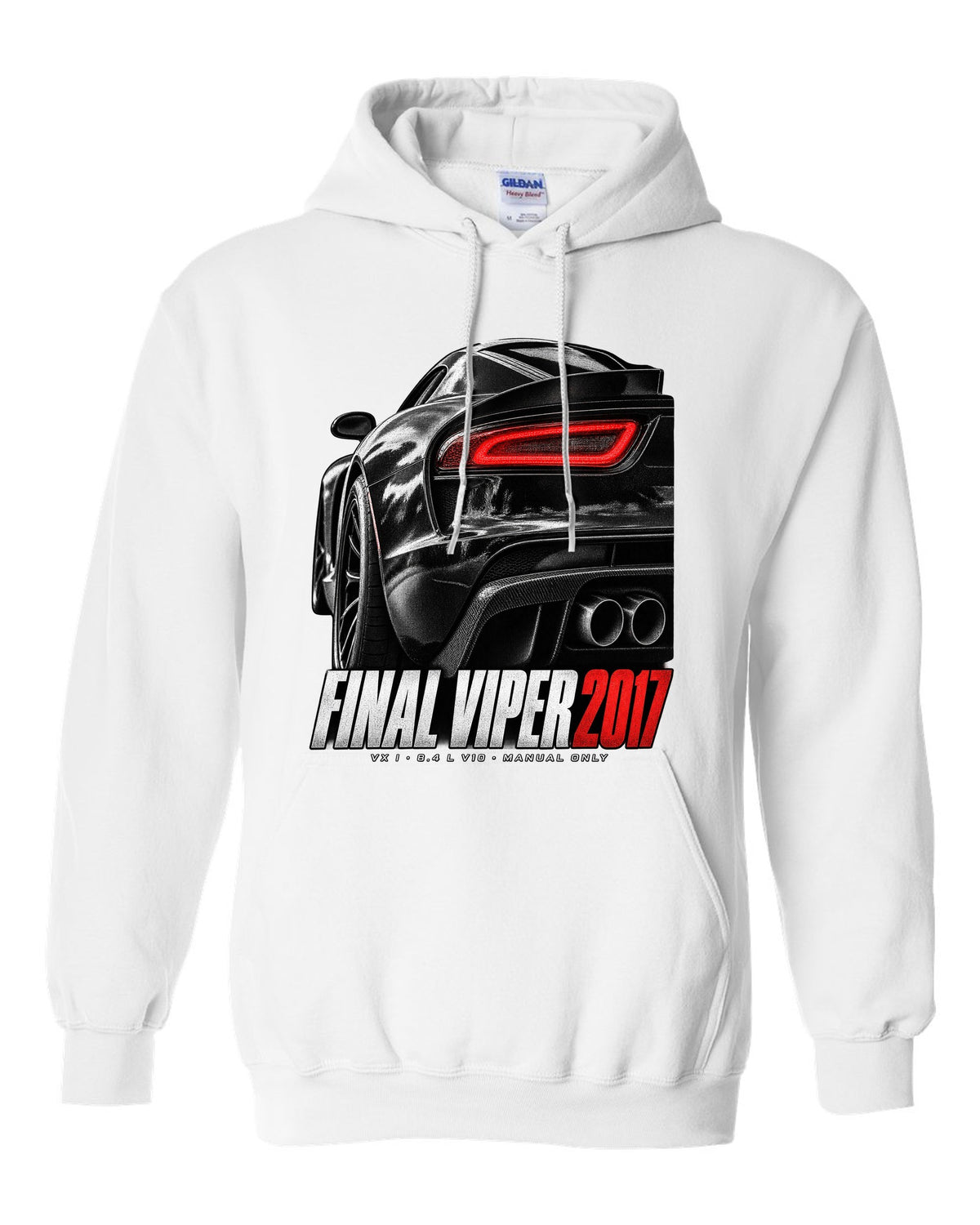 2014 Dodge Viper SRT VX I rear taillight macro print with Final Viper 2017 lettering white pull over hoodie front view with the design