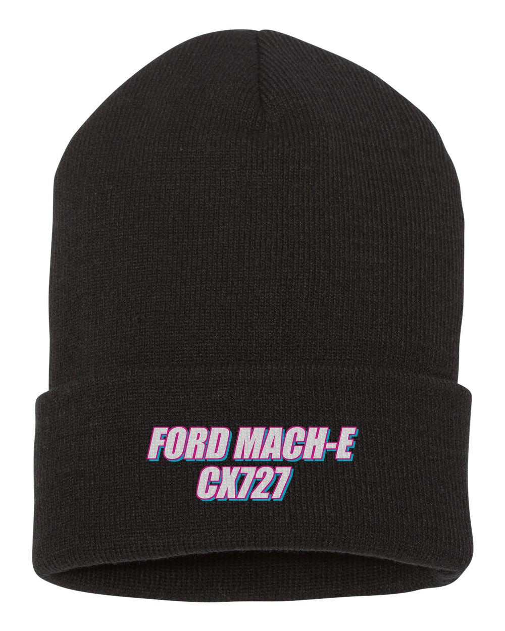 Ford Mach-E Cx727 black beanie front view with car name
