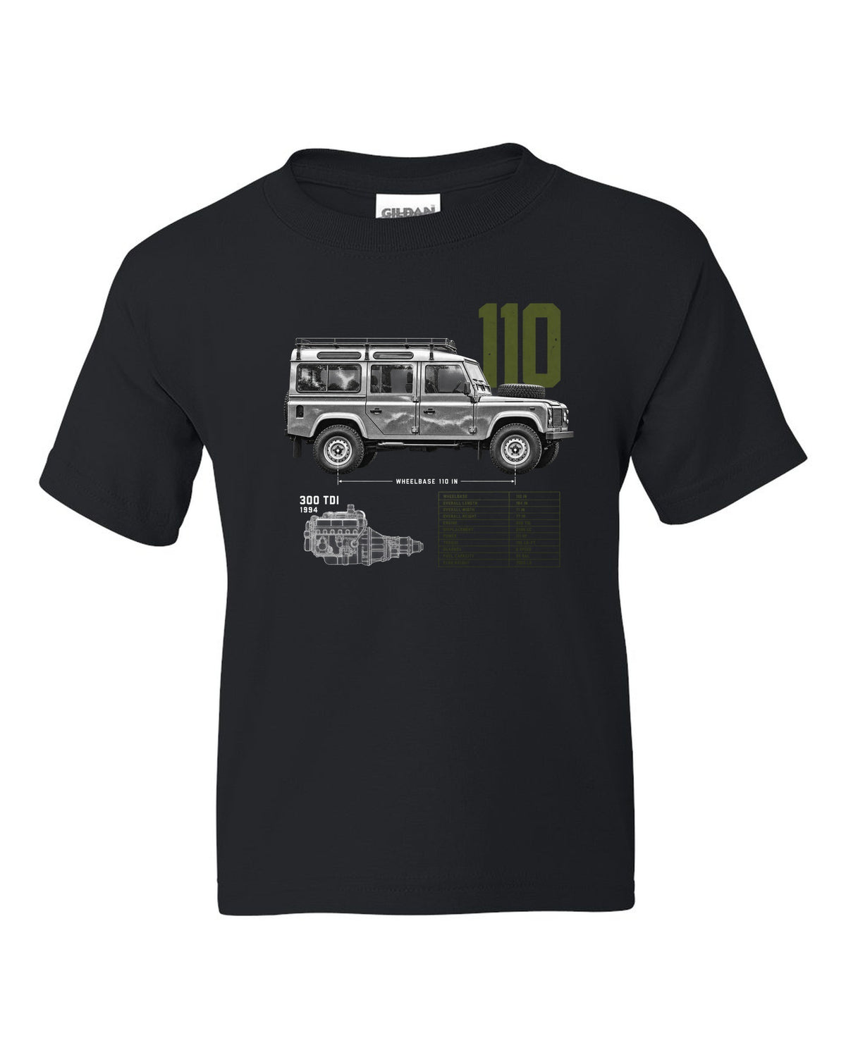 Land Rover Defender 110 spec poster print with 300 Tdi 1994 text black kids tee front view with the design