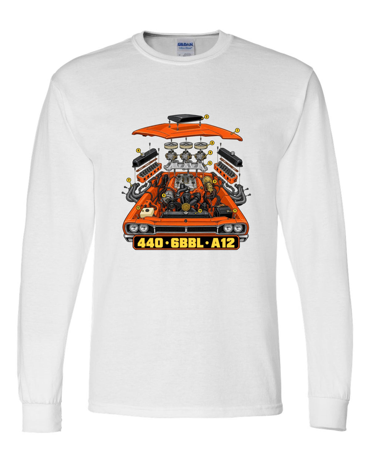 Isometric exploded technical drawing of the 440 six-barrel engine in a 1969 Dodge Coronet Super Bee A12 white long sleeve front view with the design