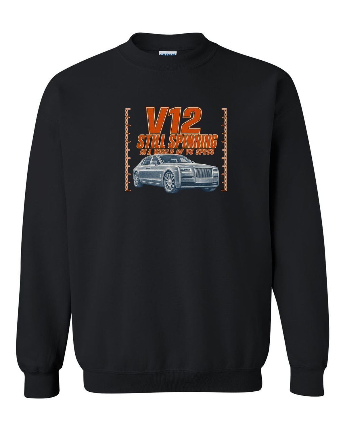 Halftone print of a silver Mercedes-Maybach S680 Z223 front three-quarter black crewneck front view with the design