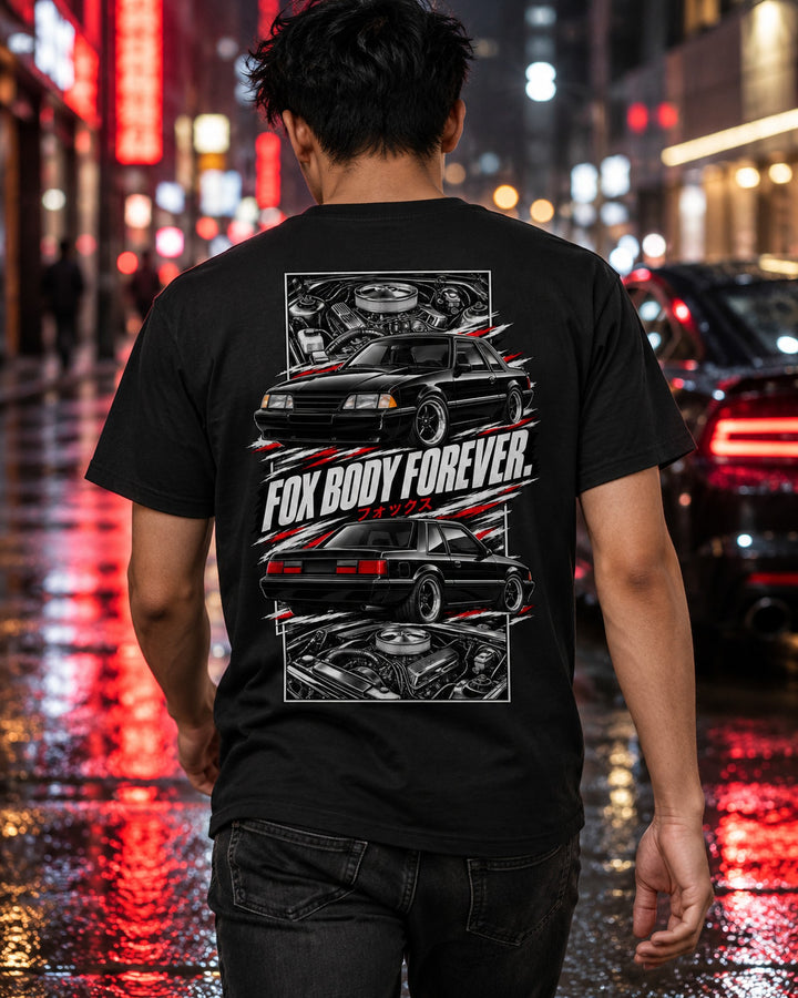 Ford Mustang Fox Body Torn Poster Full-Back Graphic Tee T-Shirt Black worn hero