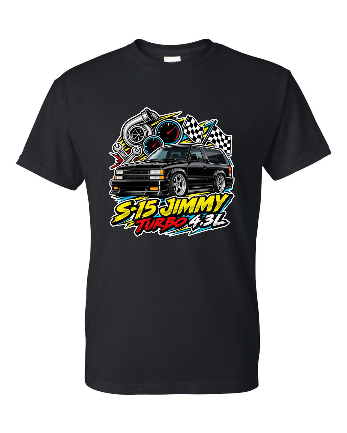 Sticker-bomb collage print of a 1992-93 GMC Typhoon with S-15 Jimmy Turbo 4.3L lettering black t-shirt front view with the design