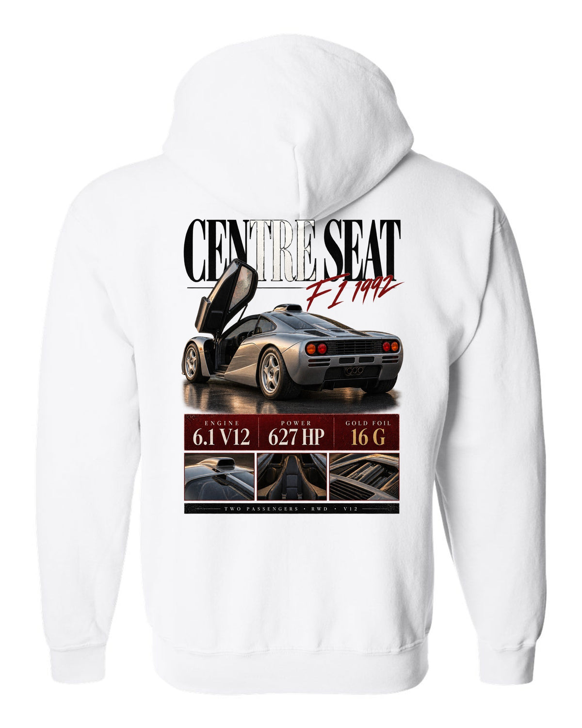 Archive panel print of the 1992 McLaren F1 with centre driving seat and V12 specification text white zip hoodie back view with the design