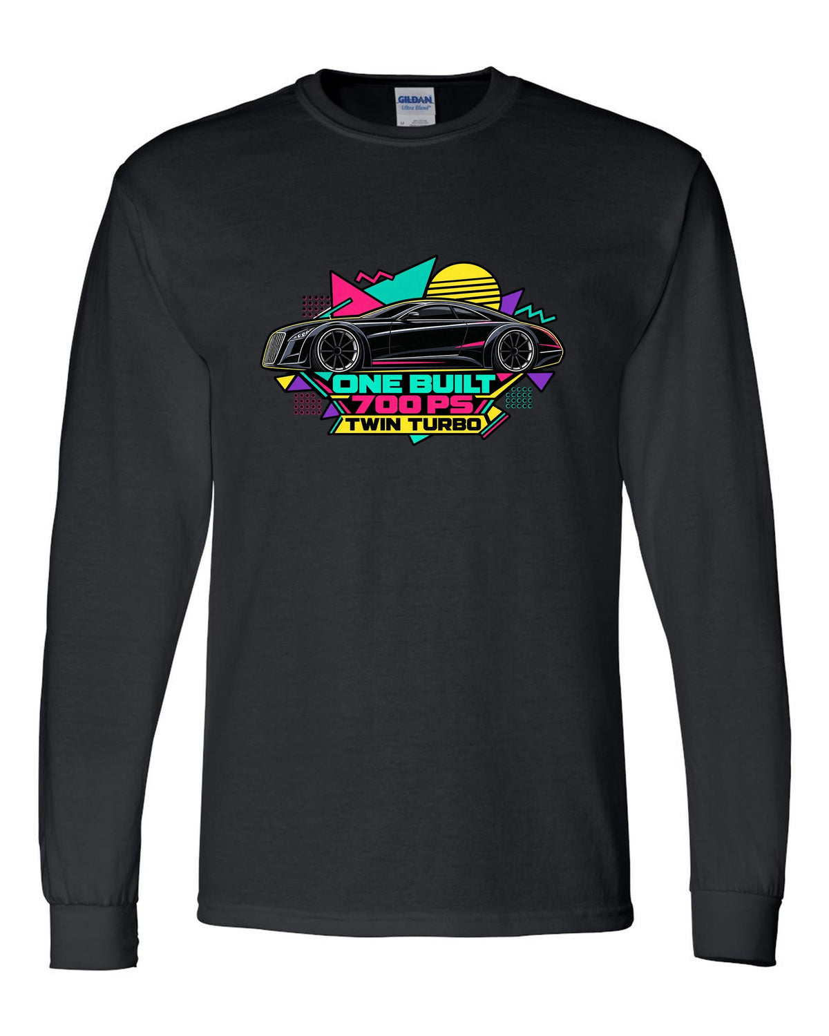 Retro Memphis style vector illustration of the one-off Maybach Exelero with One Built 700 PS Twin Turbo text black long sleeve front view with the design