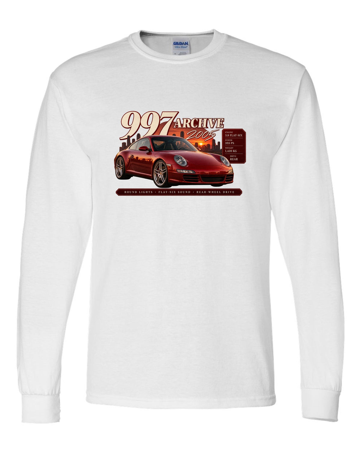 Archive panel print of a deep red Porsche 911 Carrera S 997.1 with 3.8 flat-six spec lines white long sleeve front view with the design