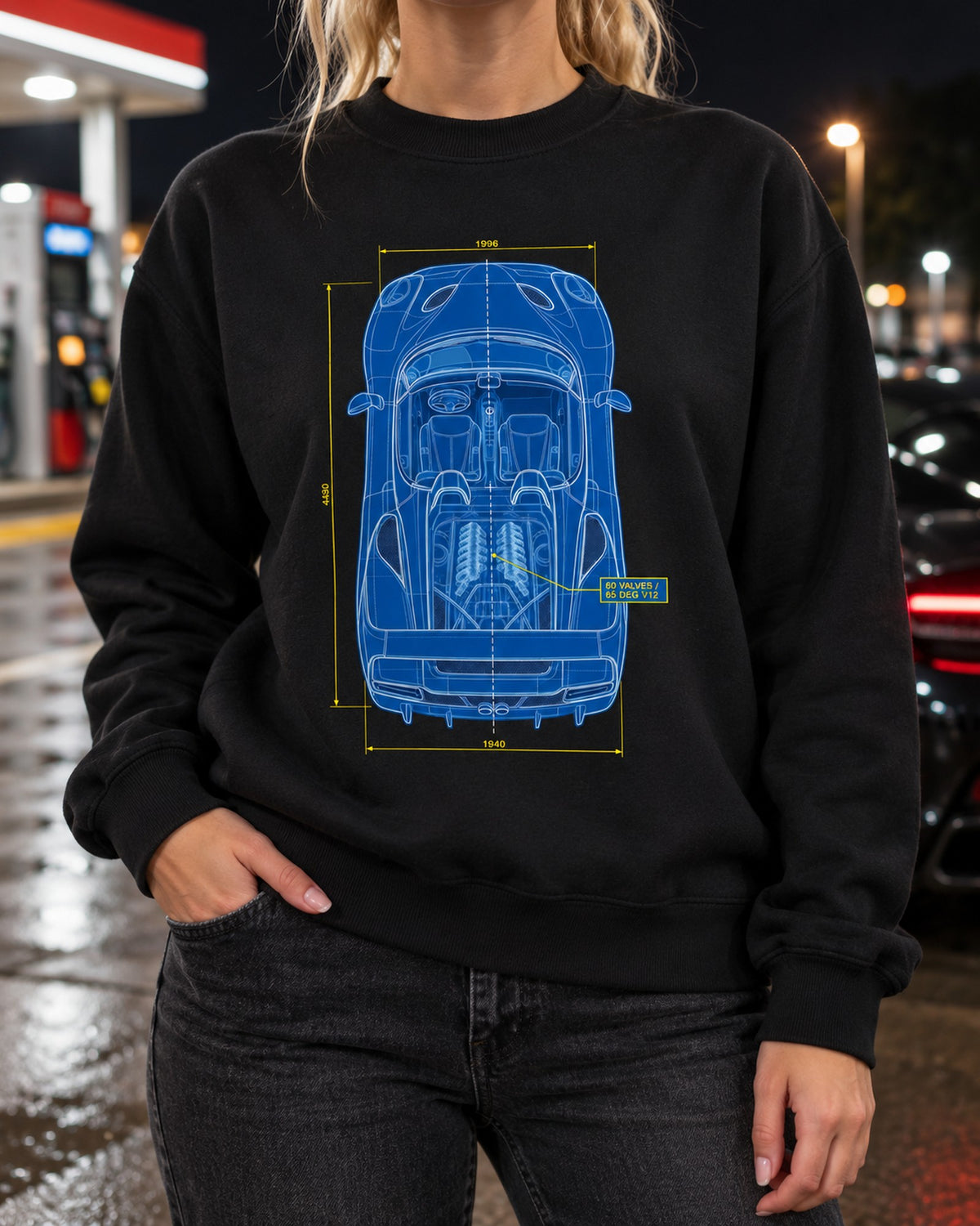 Ferrari F50 Top-Down Plan Blueprint Tee, 60 Valve V12 Crewneck Black worn hero