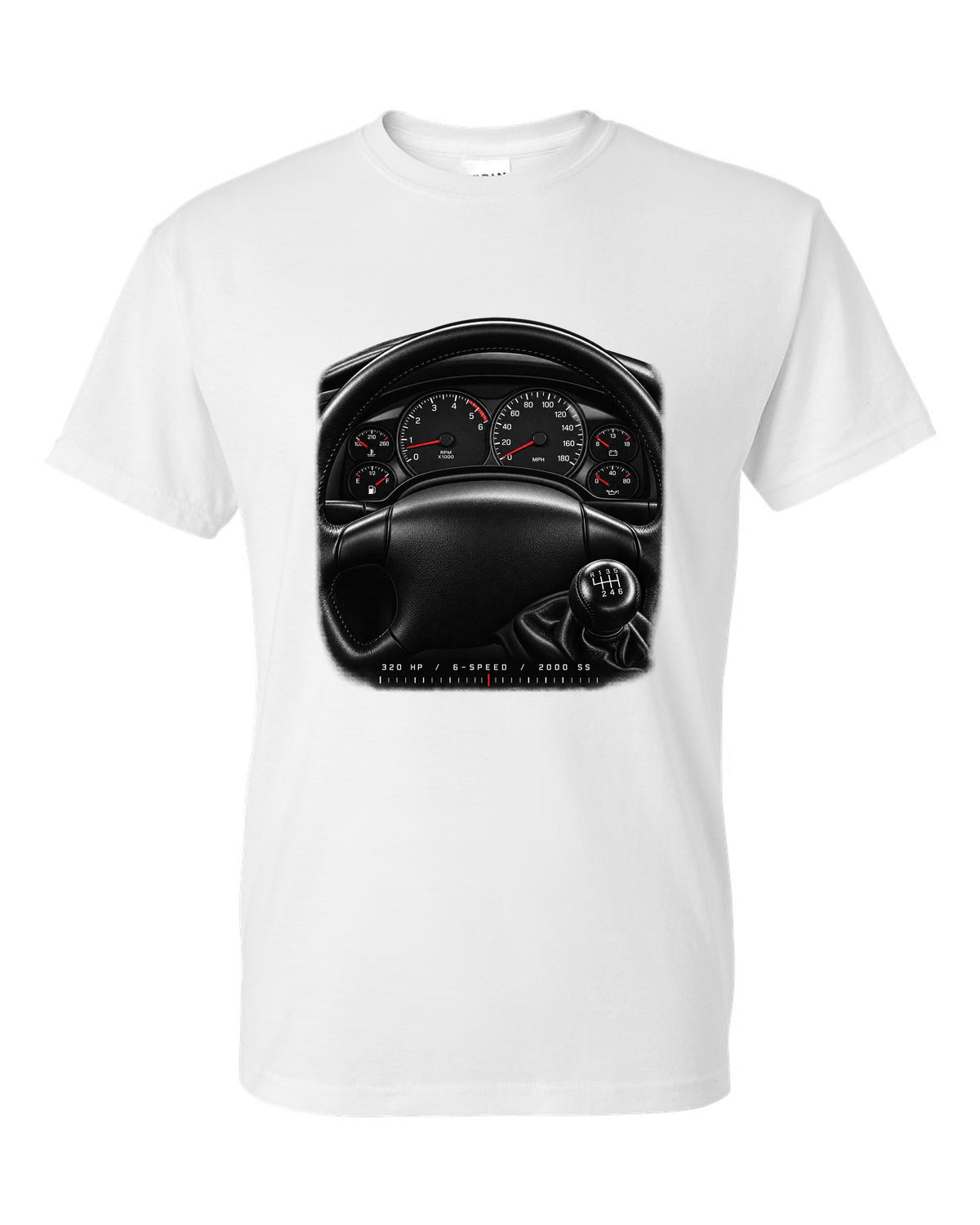 Gauge cluster print of a 2000 fourth-gen Chevrolet Camaro SS with 320 hp and 6-speed text white t-shirt front view with the design