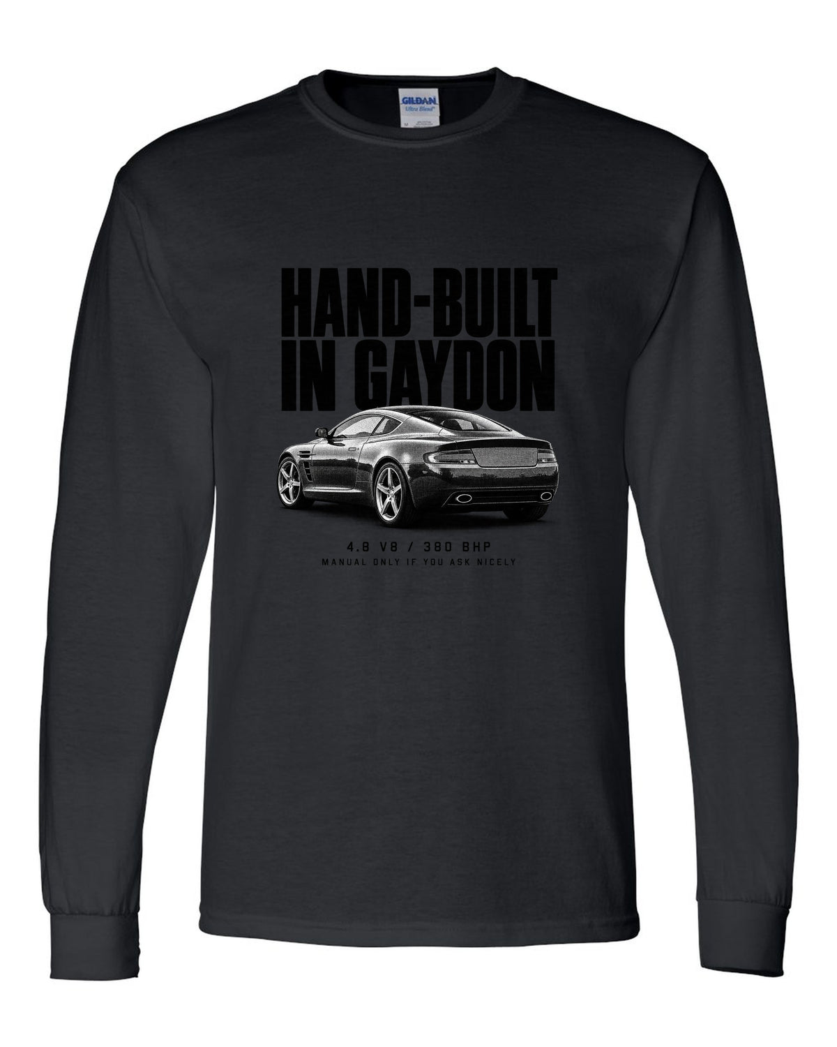 Aston Martin V8 Vantage 2005 halftone print with Gaydon text black long sleeve front view with the design