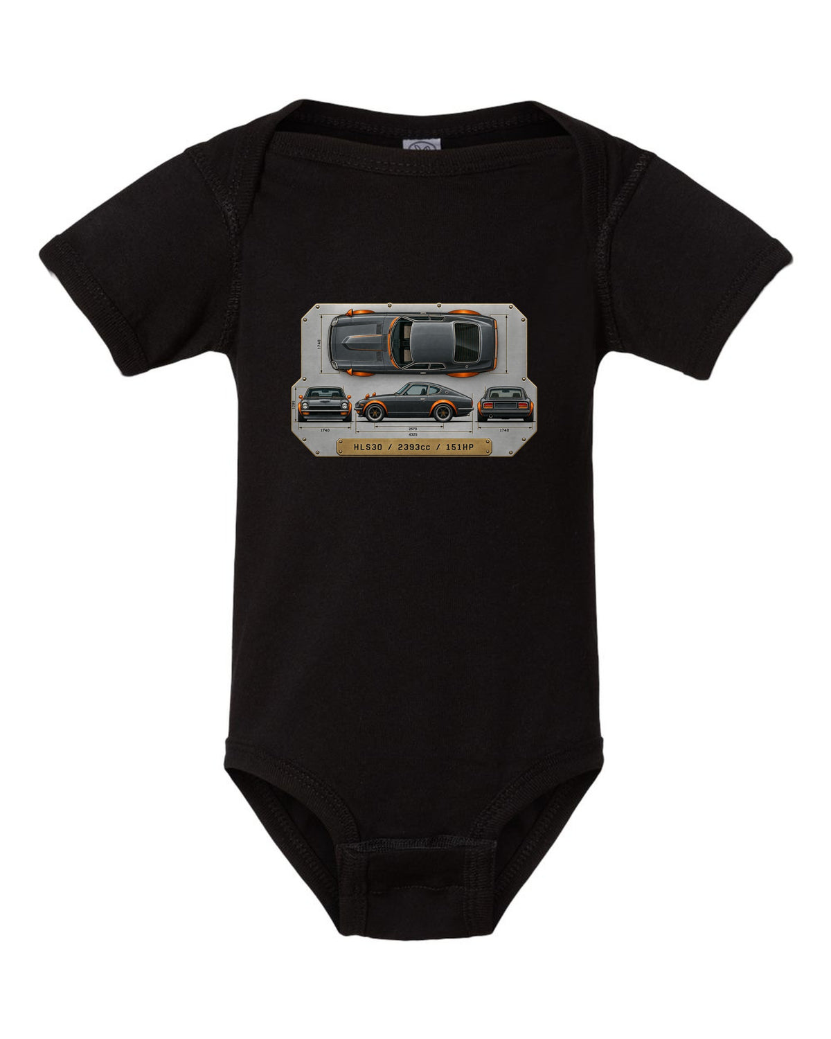 Top-down spec plate print of a Datsun 240Z HLS30 with 2393cc and 151HP black baby onesie front view with the design