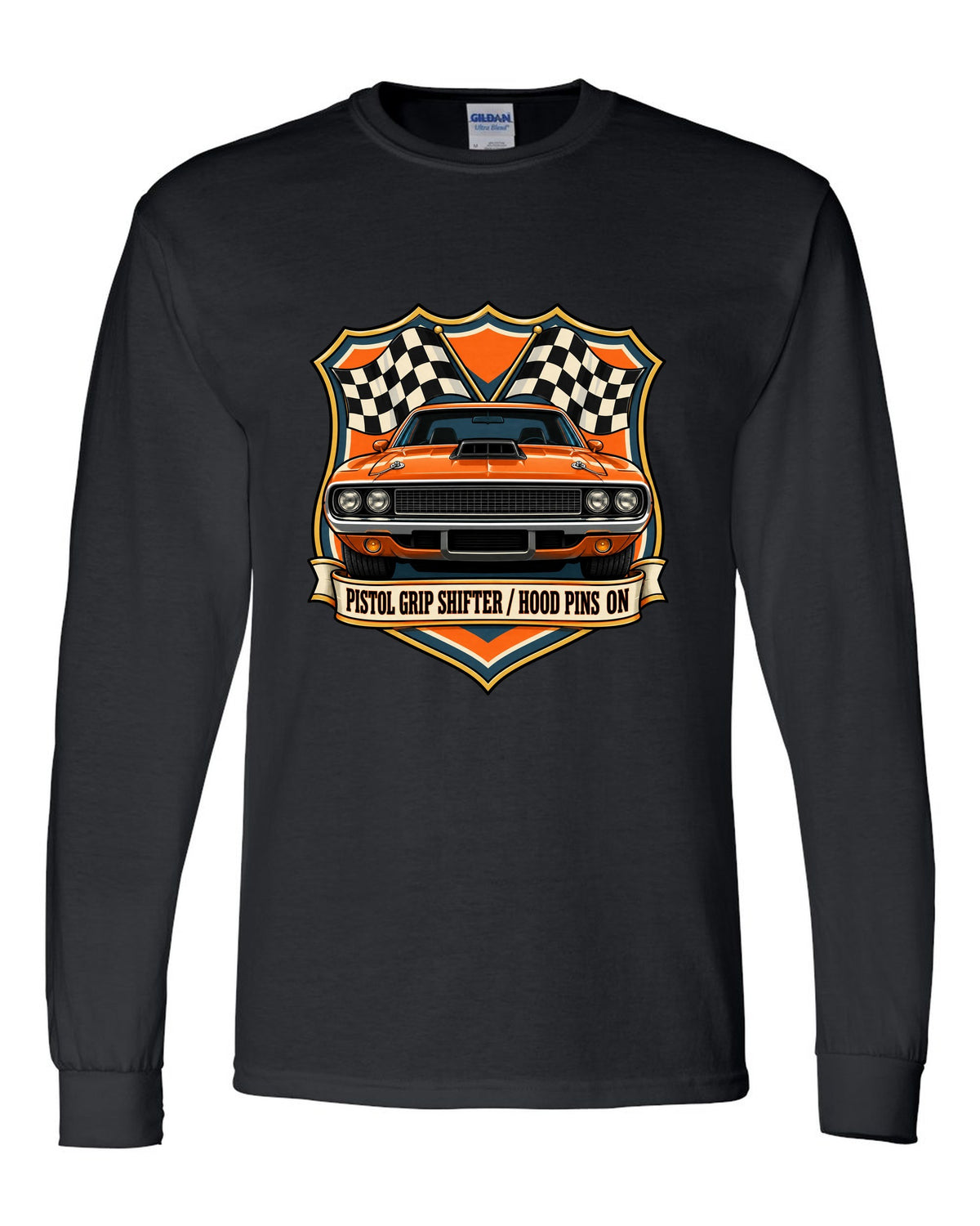 Shield crest design for a 1970 Dodge Challenger R/T E-body with pistol grip shifter caption black long sleeve front view with the design