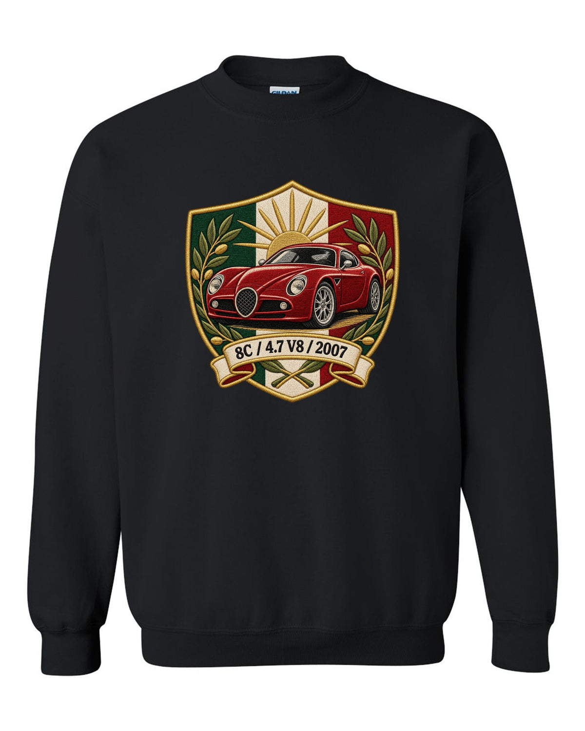 Embroidery style varsity crest for an Alfa Romeo 8C Competizione with 4.7 V8 and 2007 black crewneck front view with the design