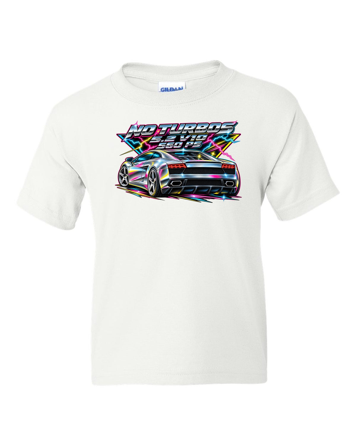 80s airbrush chrome Lamborghini Gallardo LP560-4 with the text NO TURBOS / 5.2 V10 / 560 PS white kids tee front view with the design