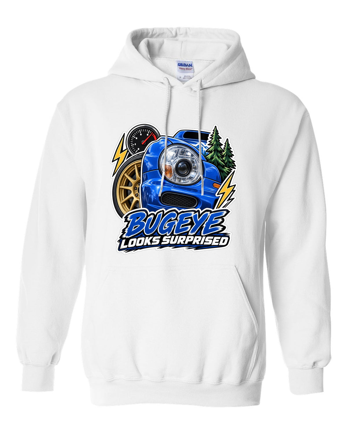 Sticker-bomb collage of a Subaru Impreza WRX GDB Bugeye white pull over hoodie front view with the design
