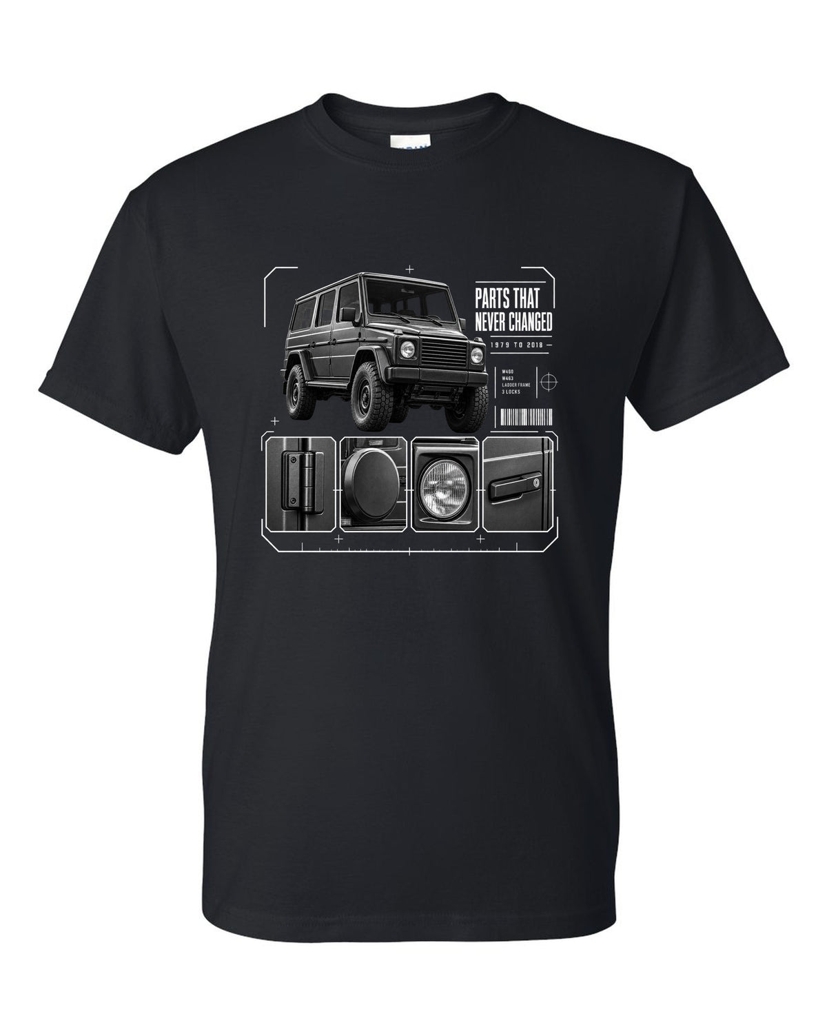 Three-panel dossier print of a Mercedes G-Class W463 with Parts T Never Changed lettering black t-shirt front view with the design