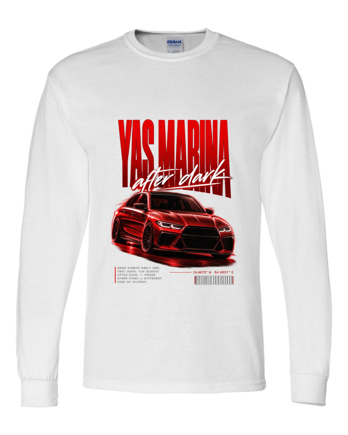 BMW F80 M3 sedan night street poster print with Yas Marina lettering white long sleeve front view with the design