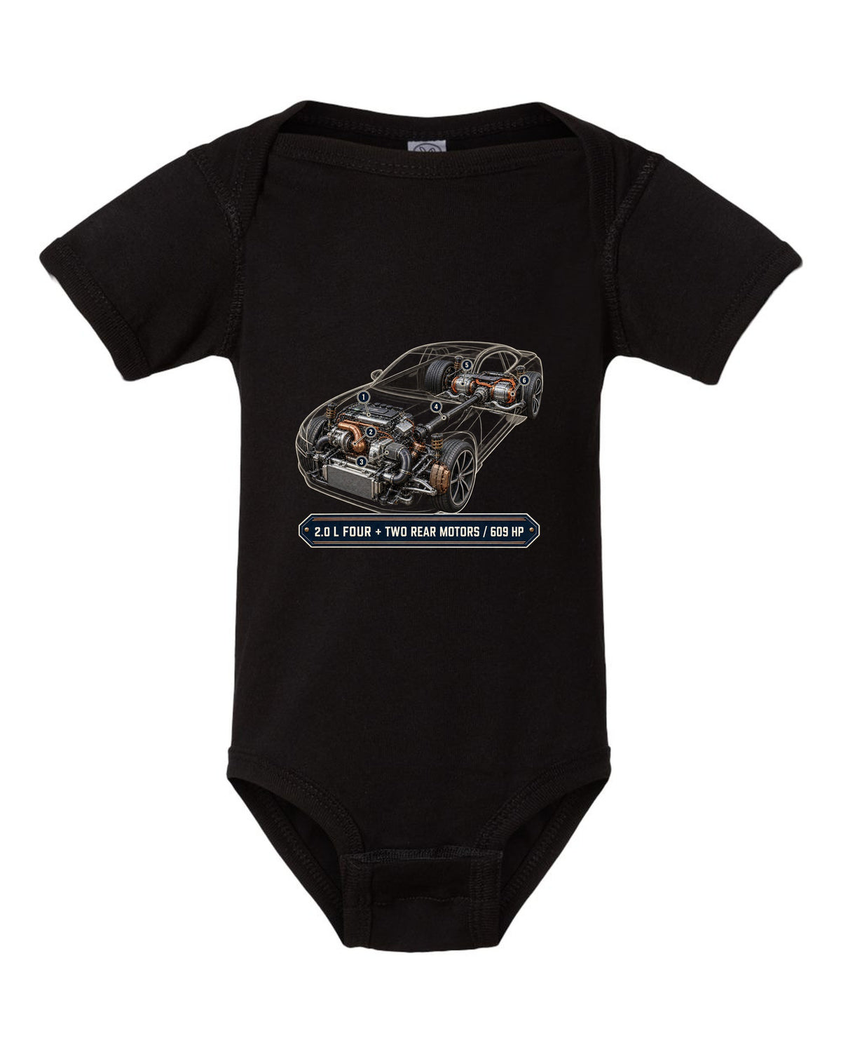 Polestar 1 hybrid drivetrain illustration, engine hero print black baby onesie front view with the design
