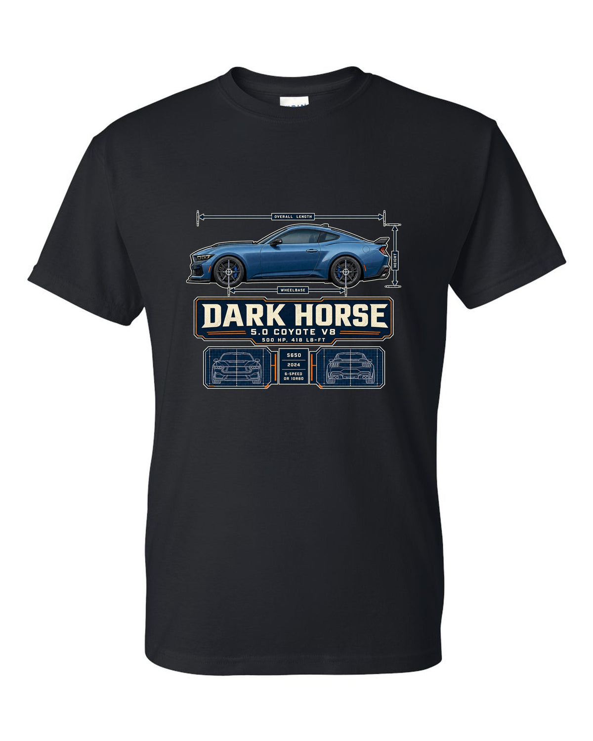 print of a Ford Mustang S650 Dark Horse dimension blueprint with 5.0 Coyote V8 and 500 HP text black t-shirt front view with the design