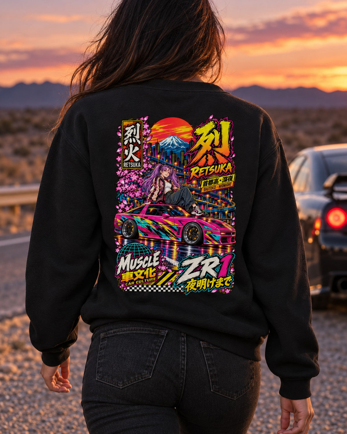 RETSUKA ZR1 Anime Girl Full-Back Graphic Tee Crewneck Black worn hero