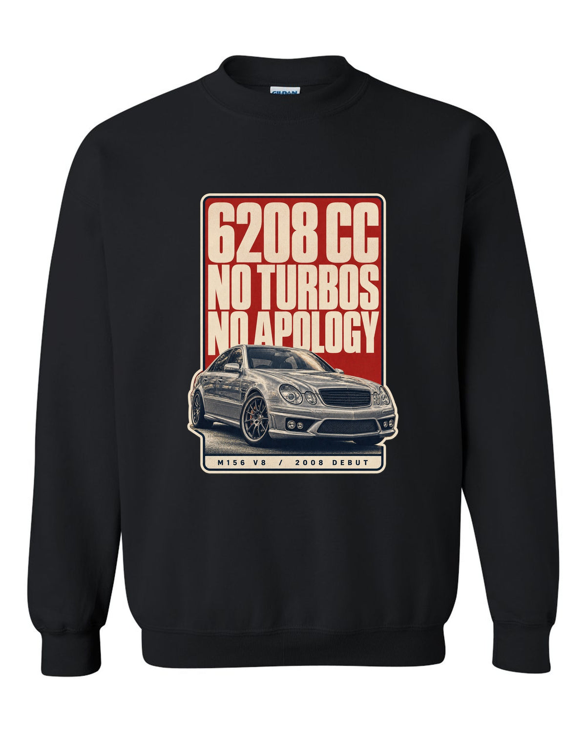 Mercedes-AMG C63 W204 sedan with editorial headline in silver-grey black crewneck front view with the design