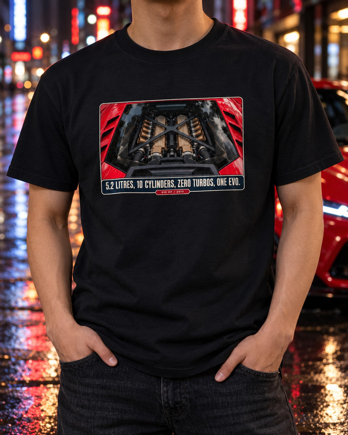 Huracan EVO Engine Hero Shirt, Naturally Aspirated V10 Tee T-Shirt Black worn hero