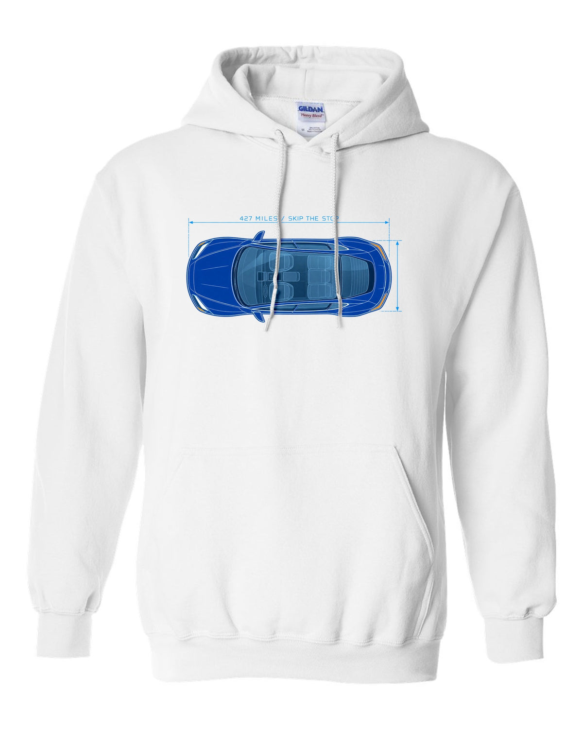 Lucid Air Sapphire white and cyan blueprint print with the text 427 miles skip the stop white pull over hoodie front view with the design