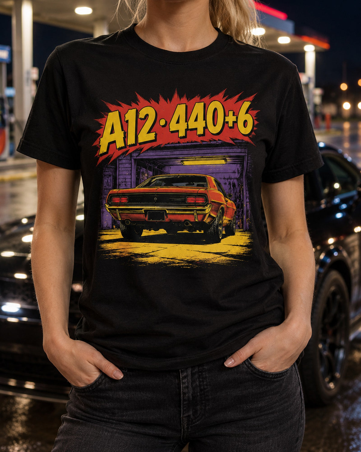 1969 Dodge Coronet Super Bee A12 Pop-Art Halftone Tee T-Shirt Black worn hero