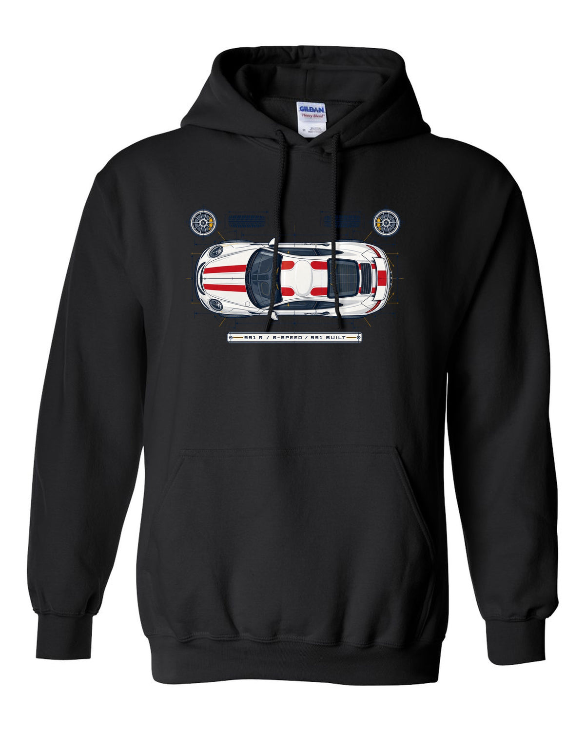 Porsche 993 Carrera five-dial gauge cluster HUD design with no screens text black pull over hoodie front view with the design