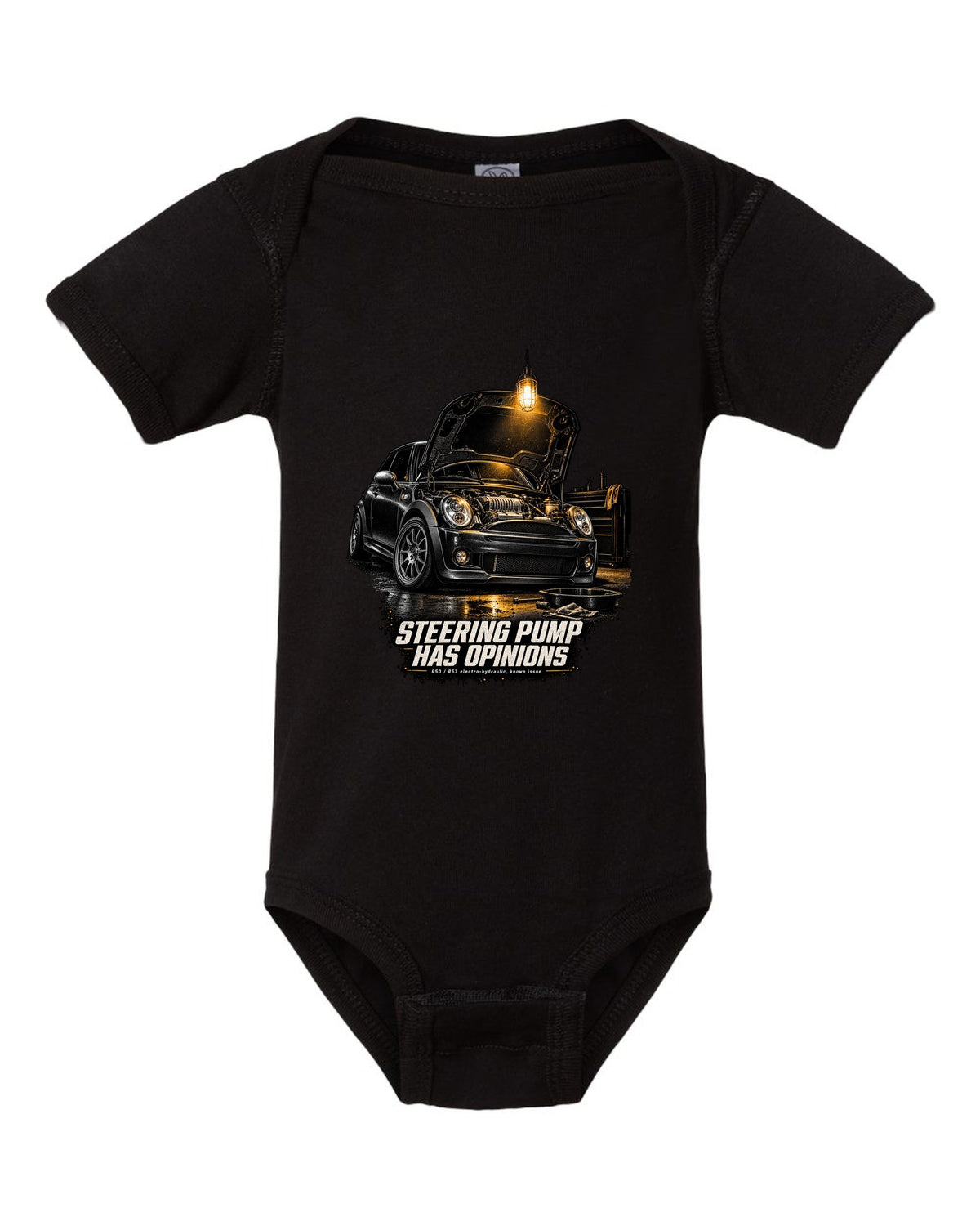 Mini Cooper S R53 garage night print with bonnet open and steering pump text black baby onesie front view with the design