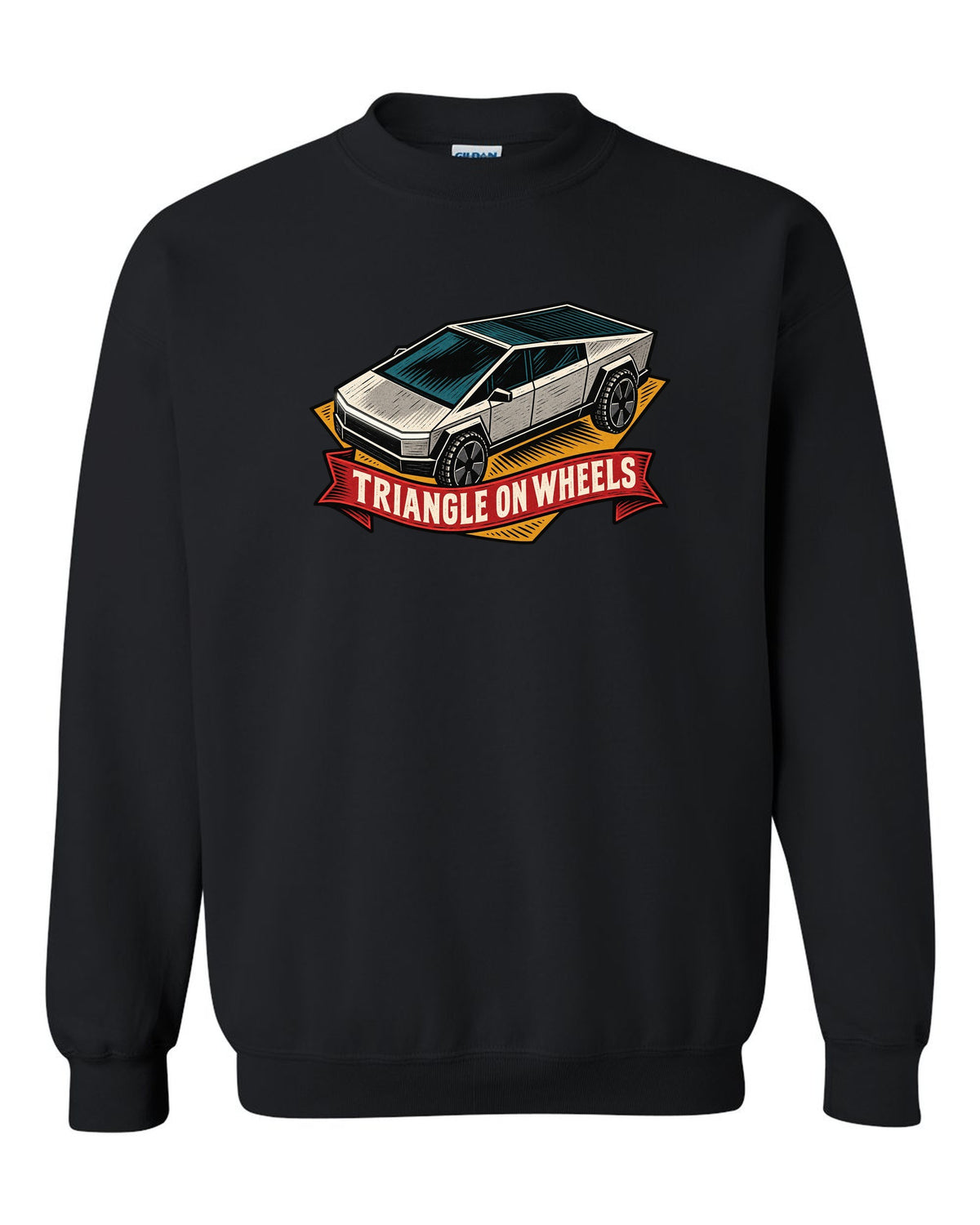 Bold linocut woodblock print of a 2023 Tesla Cybertruck with the words Triangle on Wheels black crewneck front view with the design