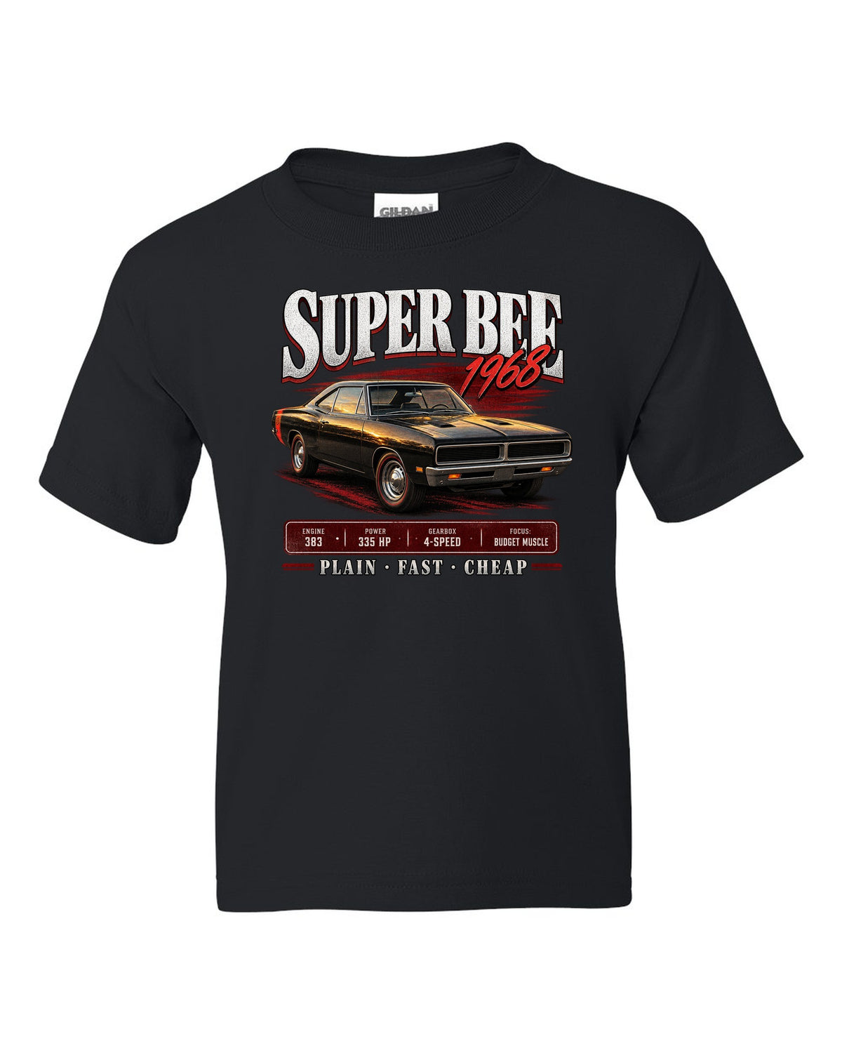 1968 Dodge Coronet Super Bee B-body coupe archive panel print black kids tee front view with the design