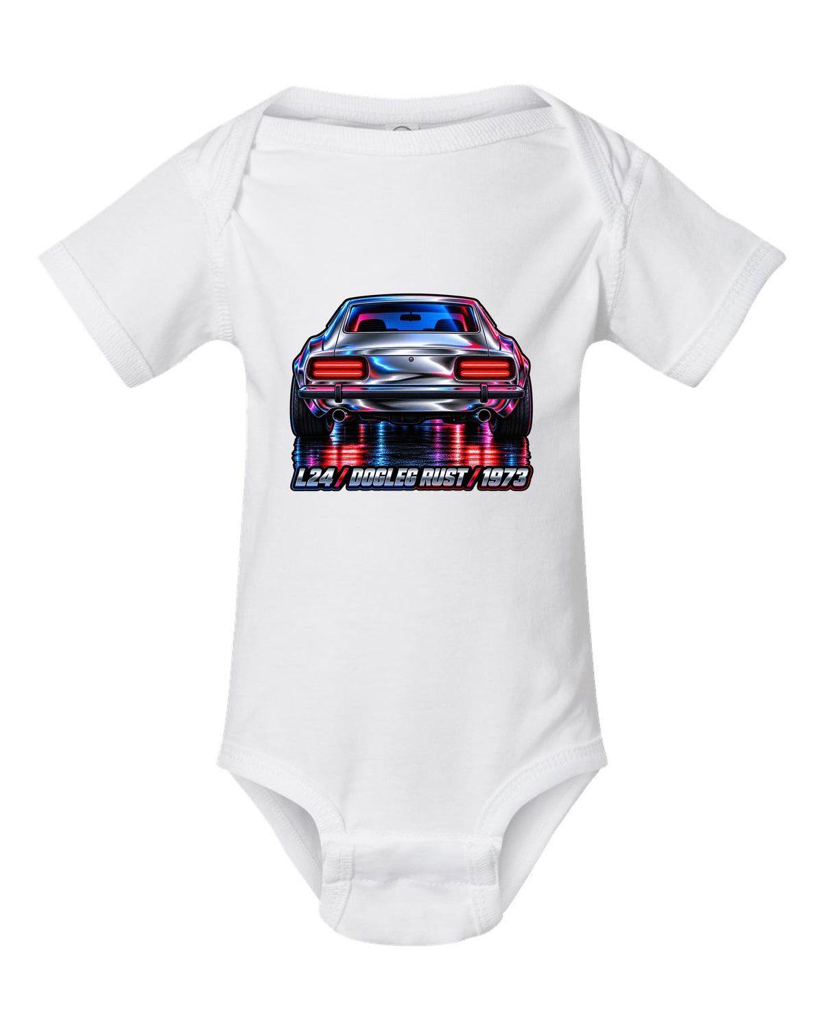 Airbrush chrome close-up of a 1973 Datsun 240Z rear taillights white baby onesie front view with the design