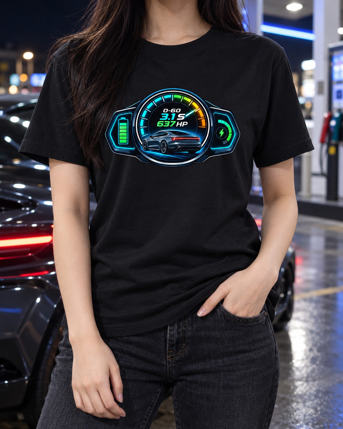 Audi e-tron GT HUD Gauge Shirt, 0-60 3.1s 637 HP print T-Shirt Black worn hero