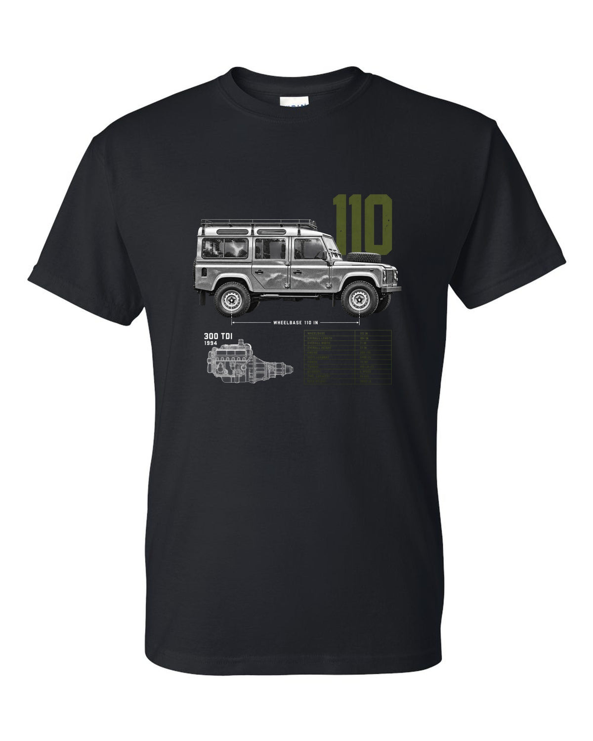 Land Rover Defender 110 spec poster print with 300 Tdi 1994 text black t-shirt front view with the design