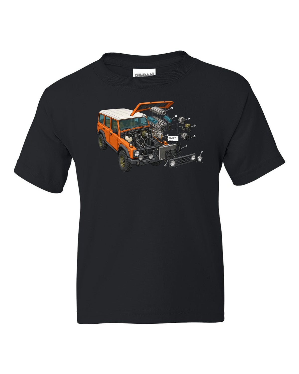 Jeep Wrangler JK V6 exploded engine bay diagram with oil cooler housing drips labels black kids tee front view with the design