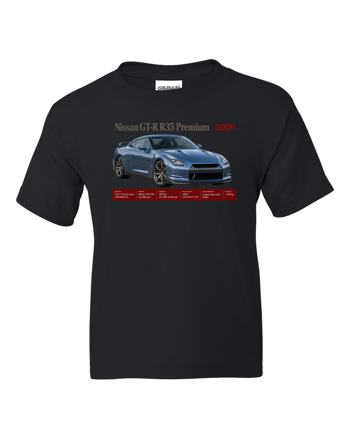 Nissan GT-R R35 2009 Premium archive panel poster black kids tee front view with the design
