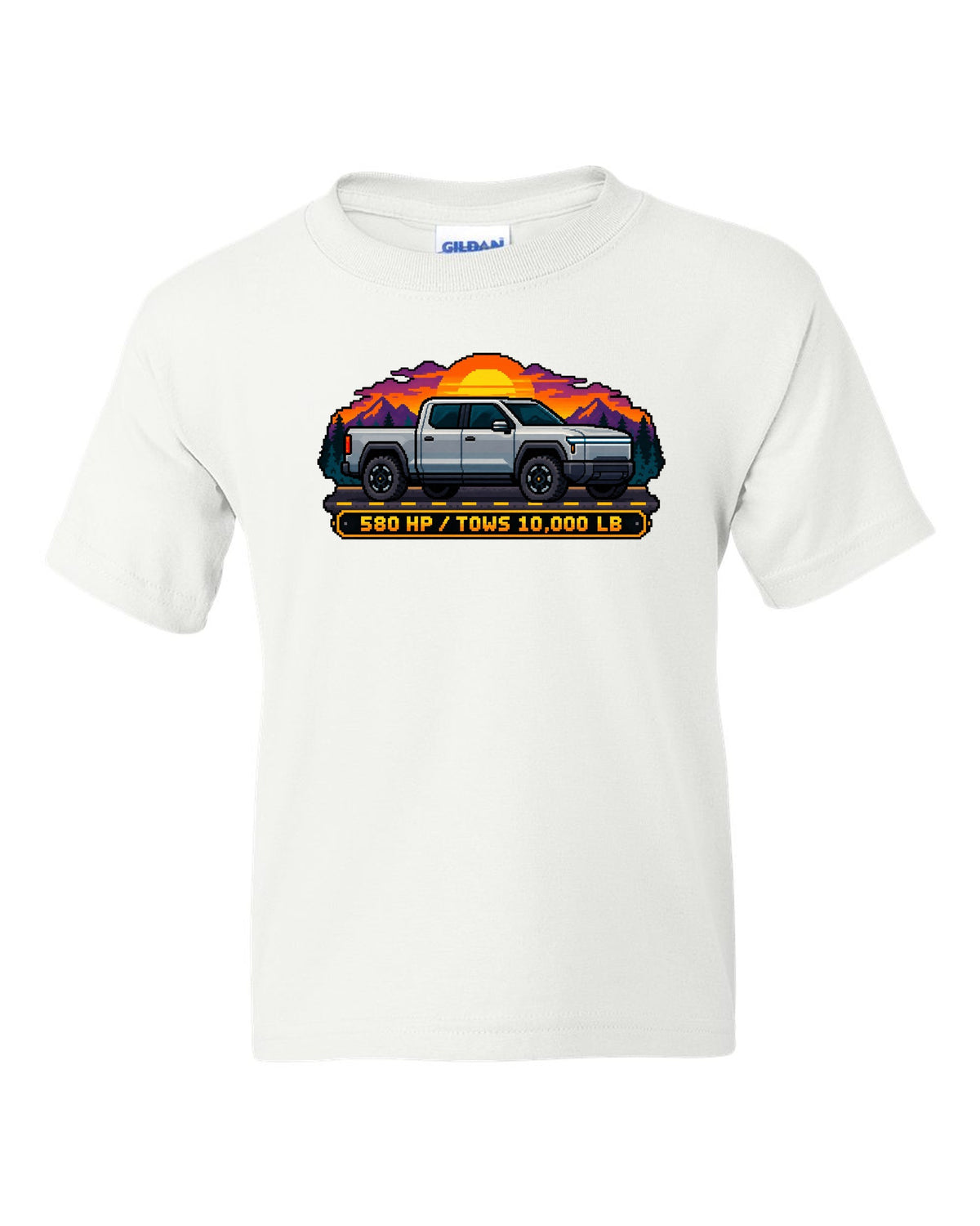 Ford F-150 Lightning 16-bit pixel art print with 580 HP and 10,000 lb towing text white kids tee front view with the design