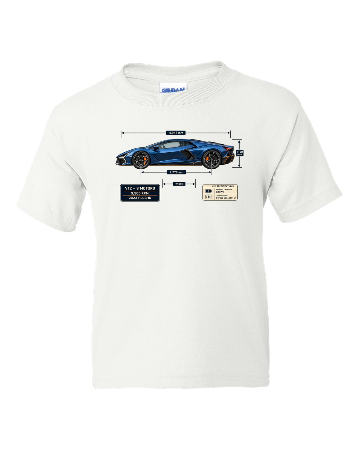 Dimension blueprint print of the Lamborghini Revuelto white kids tee front view with the design