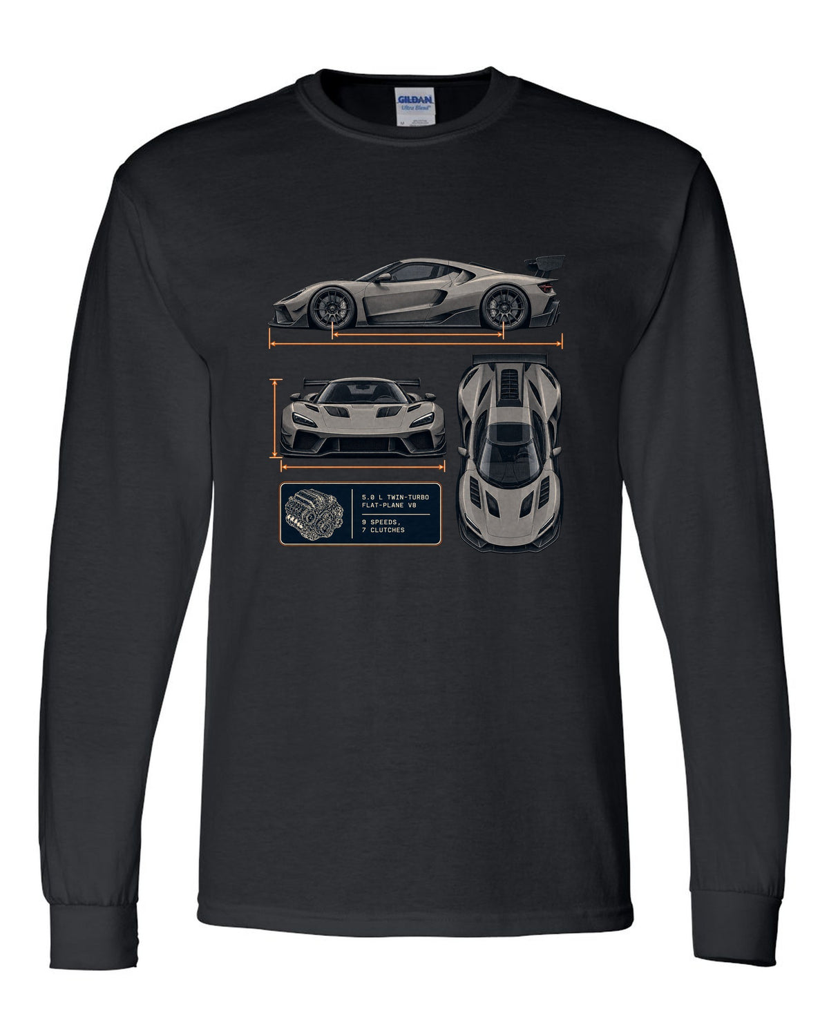Three-view drawing and spec table of the Koenigsegg Jesko Attack, print black long sleeve front view with the design