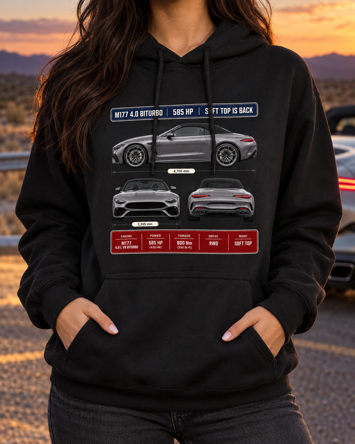 Mercedes-AMG SL63 R232 Three-View Spec Shirt, Car Guy Gift Pull Over Hoodie Black worn hero