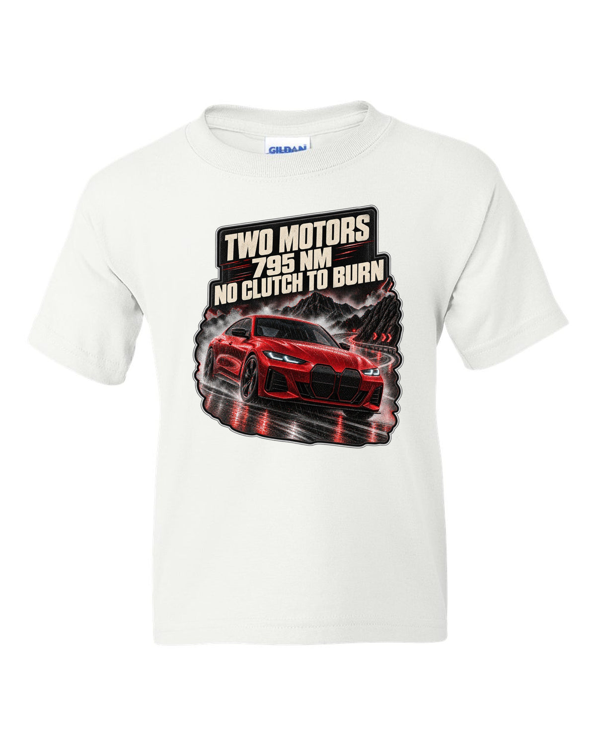 Night touge road print of a BMW i4 M50 G26 with two motors and 795 Nm white kids tee front view with the design