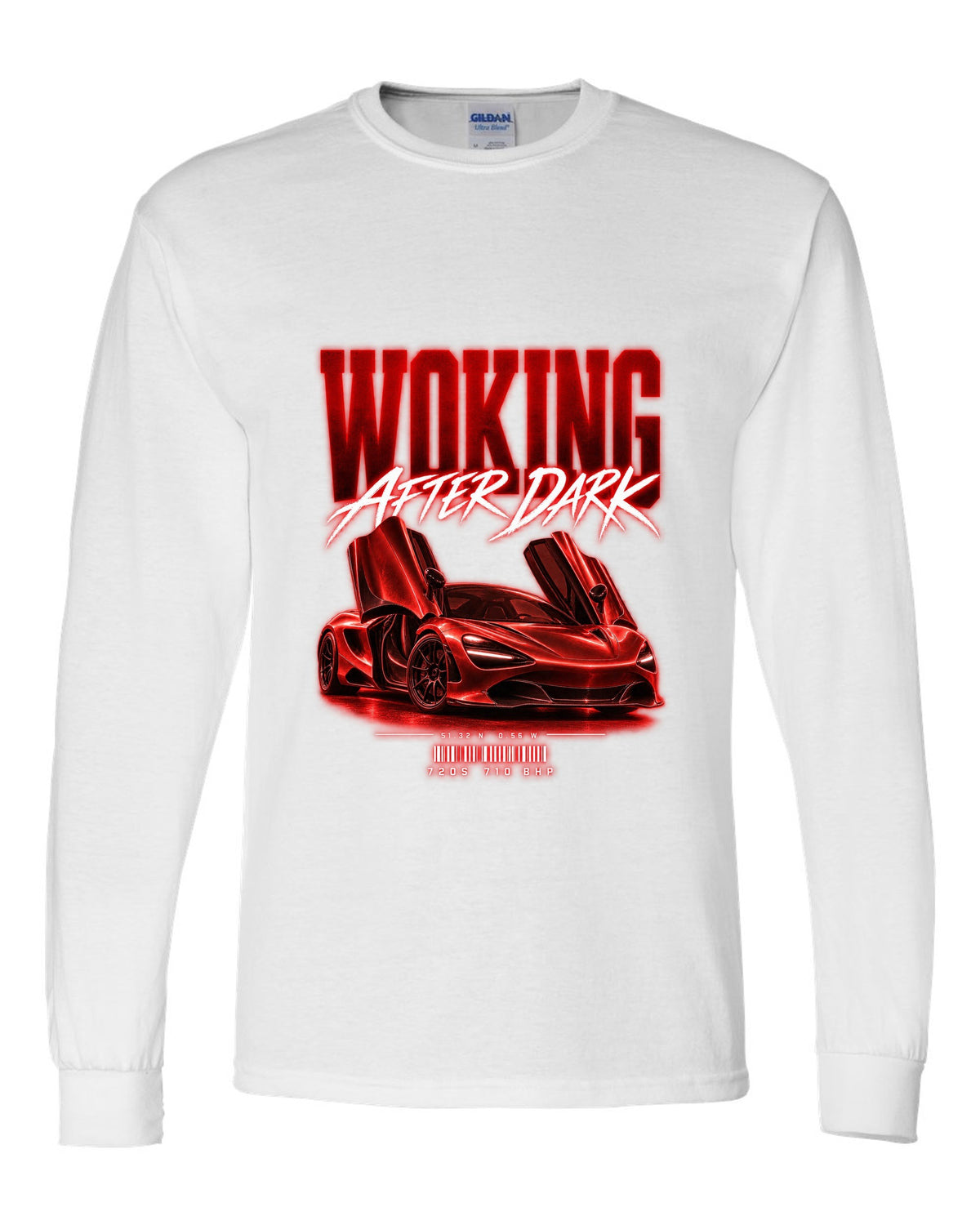 Street poster print of a 2017 McLaren 720S at night with Woking after dark text white long sleeve front view with the design