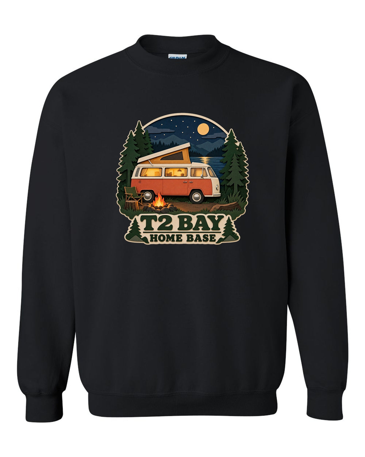 Layered paper-cutout shadow box print of a VW Bus T2 bay-window at a night camp black crewneck front view with the design